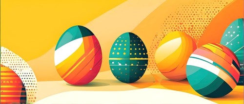 Abstract Easter egg design with geometric patterns, bold colors, and a mix of textures, creating a