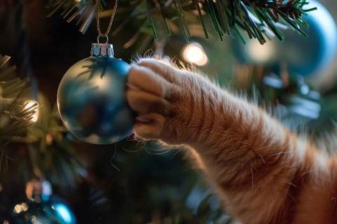 Close up of paw of cat playfully reaching for Christmas tree bauble. Generative AI, AI generated