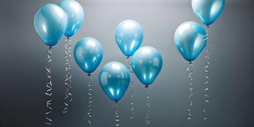 AI generated cluster of blue helium balloons floating against a grey background