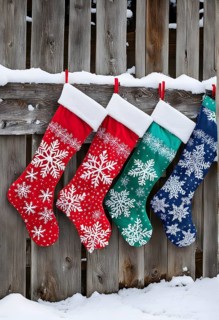 Row of Christmas stockings hanging from a snow-covered wooden fence, with delicate frost patterns