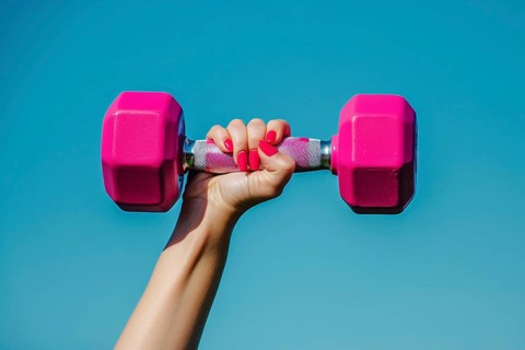 Woman's hand with pink nail polish holding pink dumbbell free weight in front of blue sky.