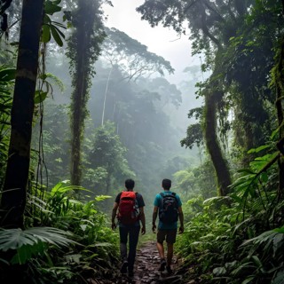 Adventurous couple hiking through dense amazon rainforest, AI generated