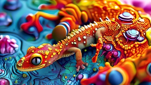 Nano material inspired by gecko feet with intricate patterns and vibrant colors representing