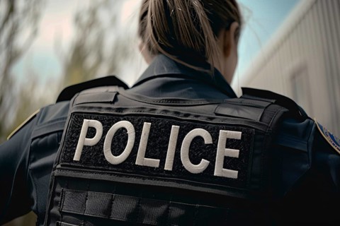 Back view of female police officer with bulletproof vest with text 'Police'. Generative Ai, AI
