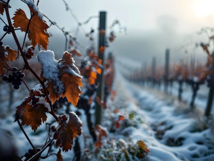 AI generated close up of winter in the vineyard with snow blankets dormant vines and ambient light