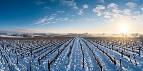 AI generated aerial view of winter in the vineyard with snow blankets dormant vines and ambient