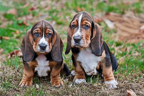 Two cute Basset hound pups seating in the grass, AI generated