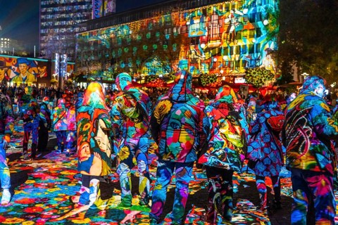 Essen Light Festival, in the city centre, light art on Kennedyplatz, the Berlin artist Daniel