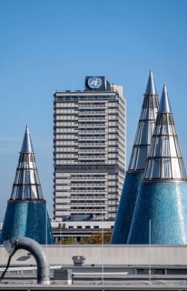 Building of the UN Campus in Bonn, towers, light cone of the Bundeskunsthalle, Museum Mile, North