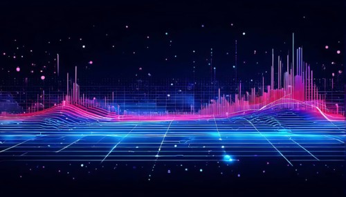 Abstract illustration of digital wave forms and circuits converging to form abstract symbols of