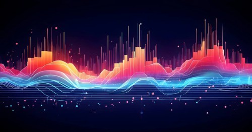 Abstract illustration of digital wave forms and circuits converging to form abstract symbols of