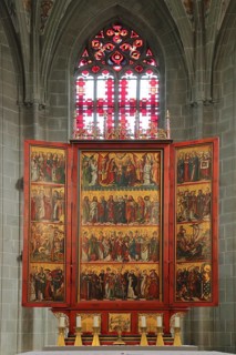 High altar and stained glass windows, UNESCO Romanesque Church of St Mary and St Mark, interior