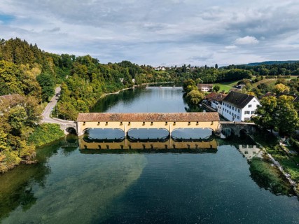 Aerial view of the covered Rhine bridge connecting the Swiss municipality of Rheinau and the German