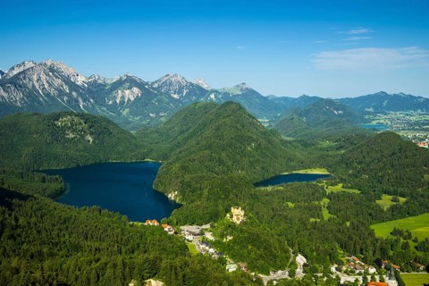 Hohenschwangau Castle, behind it Alpsee and Schwansee, Schwangau, Ostallgaeu, Allgaeu, Swabia,