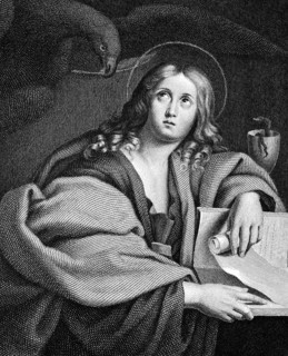 Portrait of St John the Evangelist, eagle, halo, papyrus scroll, chalice, looking upwards, New
