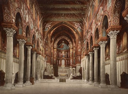 Interior view of the cathedral of Monreale, Palermo. Sicily, Italy, 1890, Historical, digitally