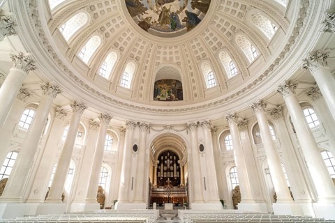 Interior with dome and organ in St. Blasius Cathedral in St. Blasien, Black Forest,