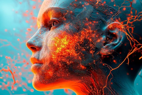 Conceptual symbolism of artificial Intelligence represented by a humanoid woman face with neuronal