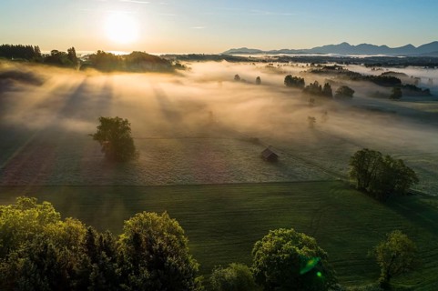 Aerial view of meadows and trees in front of mountains in backlight, sunrise, fog, autumn, Murnau,