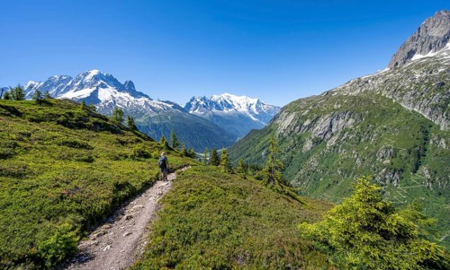 Mountaineer on hiking trail, mountain panorama with glaciated mountain peaks, Aiguille Verte with