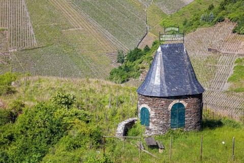 Stone hut with slate tower on a hill surrounded by green vineyards under a blue sky,