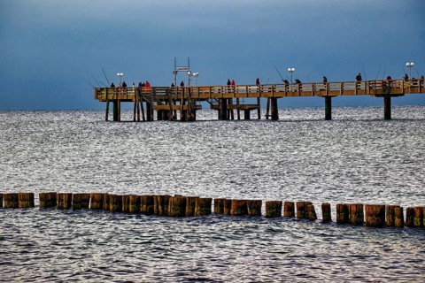 Baltic Sea beach, Baltic Sea coast with the Wustrow pier, evening mood, Baltic seaside resort