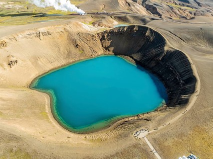 Aerial view of blue lake in the Viti volcano crater at Krafla power plant, Myvatn region, Iceland,