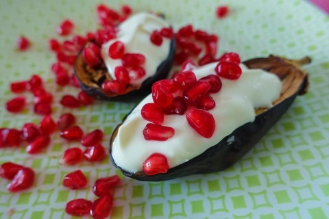 Mediterranean cuisine, roasted aubergines with pomegranate seeds and yoghurt, starter, healthy,