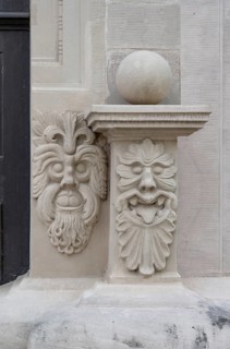 Two grotesques on the crown stone of the entrance portal of the Knaufmuseum, Iphofen, Lower