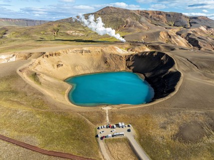 Aerial view of blue lake in the Viti volcano crater, at Krafla power plant, Myvatn region, Iceland,