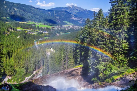 Rainbow over the Krimml Waterfalls, with a drop of 385 metres the highest in Austria, Krimml,