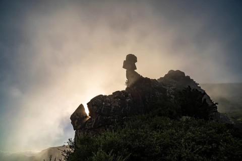 The volcanic rocks of Los Roques in the fog, La Gomera Island, Canary Islands, Spain, Europe
