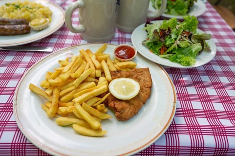 Schnitzel Wierner style with French fries and salad plate served in a garden restaurant, Franconia,