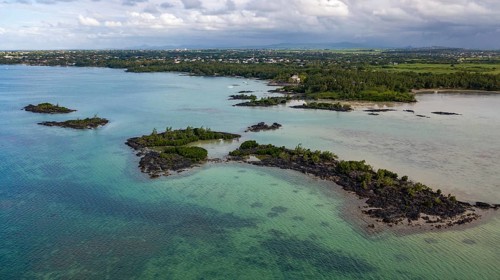 Bird's eye view of aerial view of lagoon at Cap Malheureux, Mauritius, Africa