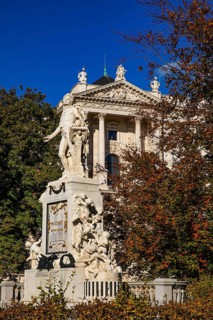 Mozart monument in the Burggarten, behind the façade of the House of Austrian History, Burggarten,
