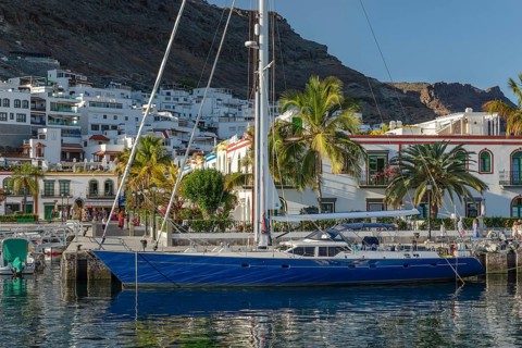 Yacht at the harbour, Puerto de Mogan, Gran Canaria, Canary Islands, Spain, Puerto de Mogan, Gran
