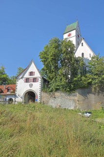 Historic Zwiefalter Tor and Gothic St George's Church, town gate, town tower, Riedlingen, Upper