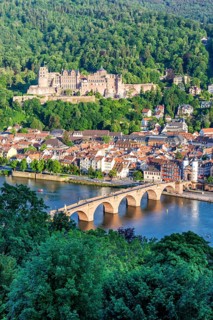 View of the Neckar River Castle and Old Bridge in Heidelberg, Germany, Europe