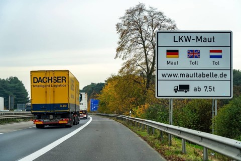 Sign for the lorry toll, on the A40 motorway, shortly after the German-Dutch border near