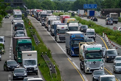 Traffic jam on the A2 motorway near Bottrop, behind the Bottrop motorway junction, in the direction