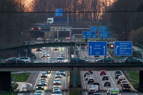 Motorway A40, Ruhrschnellweg, near Bochum, dense evening traffic, in front of the motorway junction