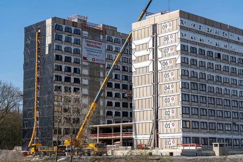 Construction site of the Community Campus, 737 student flats, each 20 square metres in size, fully