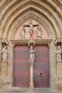 Portal with sculptures of Mary, Jesus on the cross and St John from the UNESCO Erfurt Cathedral,