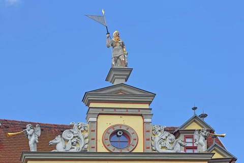 Roof figure of the guildhall, decorations, sculptures, man, lance, warrior, knight, lansquenet,