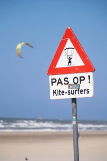 Signpost for kitesurfers, on the beach of Scheveningen, The Hague, Netherlands
