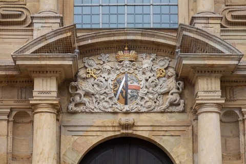 Coat of arms above the entrance portal of St Martin's Church, Bamberg, Upper Franconia, Bavaria,
