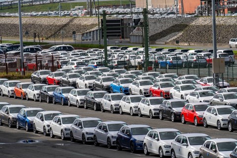 Emden, Cars waiting in the harbour for shipment, VW plant, East Frisia, Lower Saxony