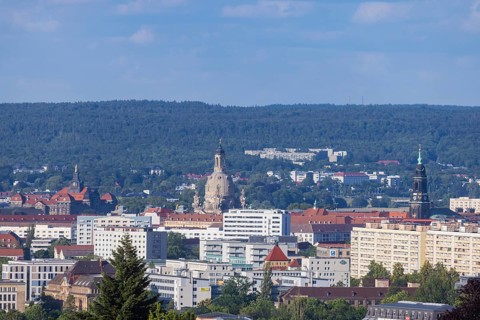 Cityscape Dresden with buildings and famous sights Church of Our Lady and Kreuzkirche with view to