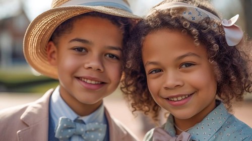 Portrait of a beautiful mulatto brother and sister dressed in their sunday best, generative AI, AI