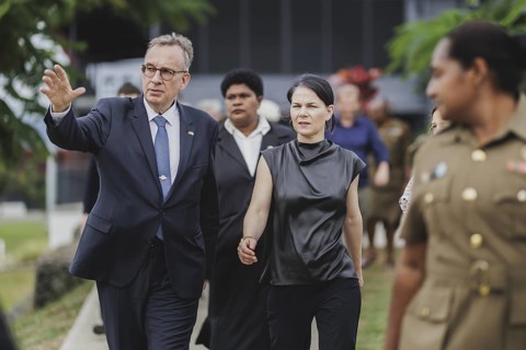 (R-L) Annalena Bärbock (Bündnis 90/Die Grünen), Federal Foreign Minister, and Andreas Prothmann,